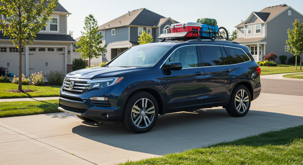 A family SUV parked in the driveway, prepared for a road trip with a clean, fresh interior maintained by odor neutralizing sprays to prevent travel odors.