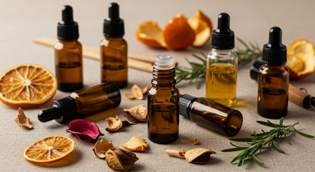 A curated flat lay of unlabeled amber vials filled with home fragrance oils, surrounded by raw ingredients like citrus peel, dried florals, rosemary, and cedar. 