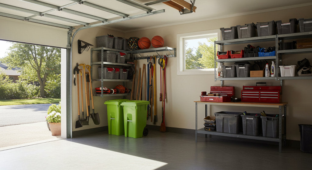 Bright garage with workout gear, storage shelves, and open doors, showing how odor neutralizing sprays and ventilation create clean, breathable air.