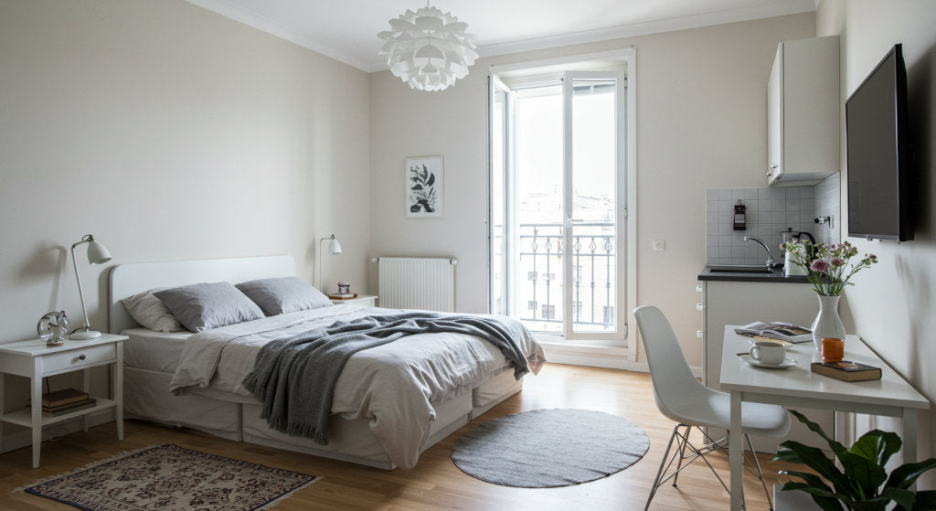 Compact studio living space with natural light and open windows, showcasing odor neutralizing routines, airflow strategies, and fresh air circulation