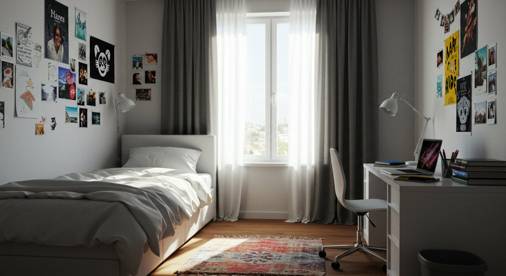 A bright teen bedroom that captures how odor-neutralizing sprays and fresh air maintain balance, preventing buildup from laundry, shoes, and gym gear.