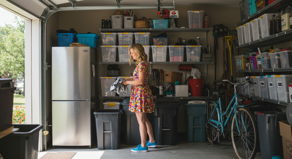 A woman cleaning a garage surrounded by labeled storage bins, seasonal containers, and household items, showing the importance of odor neutralizer spray in maintaining fresh-smelling storage spaces exposed to heat, moisture, and long-term use