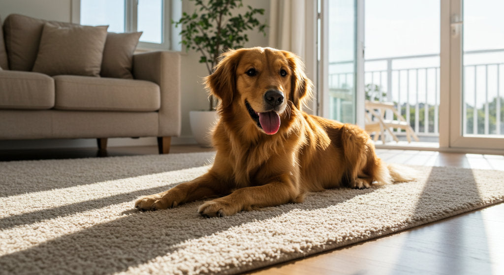 Bright living room with a golden retriever resting on a rug, highlighting effective odor neutralizing tips for eliminating pet smells from fabrics