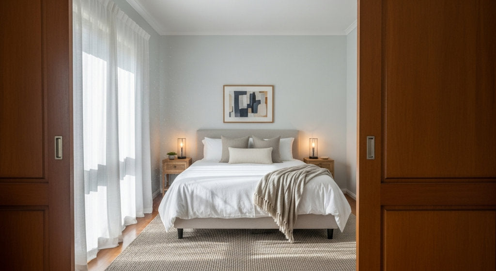 A curated blend of refined diffuser oils enhances the atmosphere of this guest space, creating a clean, welcoming scent experience for overnight visitors.