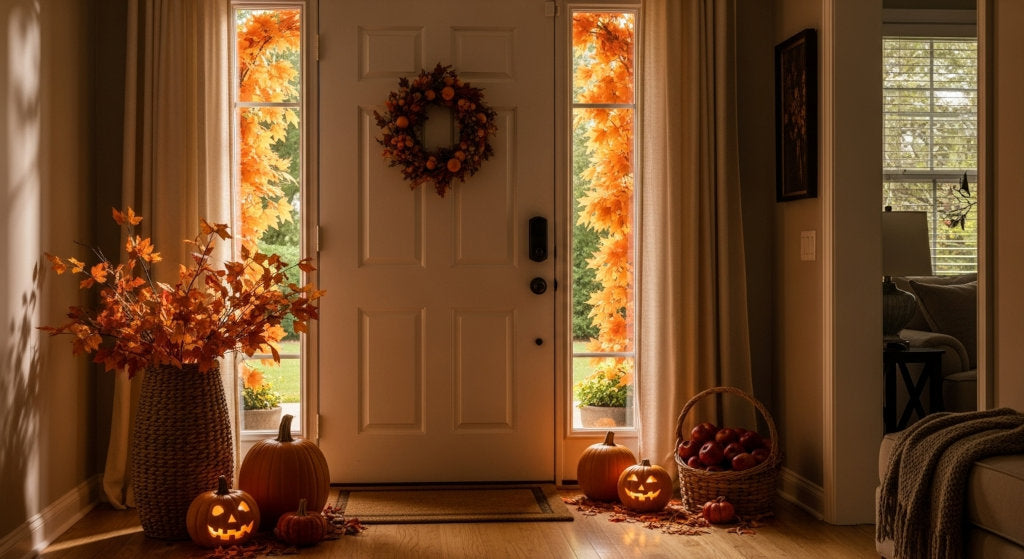 A softly lit Halloween entryway showing calm light, natural décor, and an inviting fragrance-inspired atmosphere for guests and family alike.