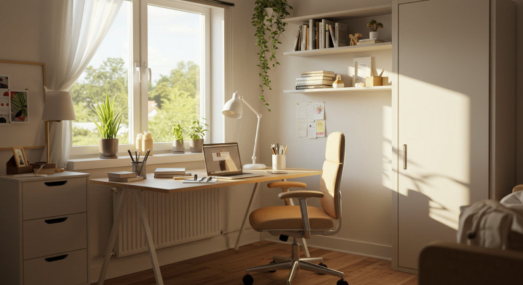 Bright home office with clean surfaces and natural light, showing how odor neutralizing sprays and airflow improve focus, mood, and daily productivity