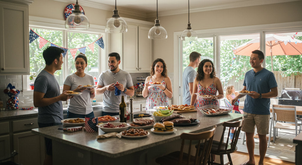 Indoor July 4th party with food and smoke contributing to lingering kitchen odors