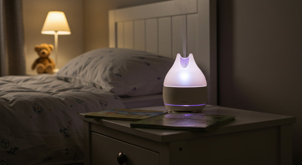 This image highlights a children’s bedroom enhanced with safe fragrance oils through cold air diffusion, reflecting the blog’s focus on bedtime routines, child-safe scents, and consistent sleep support.