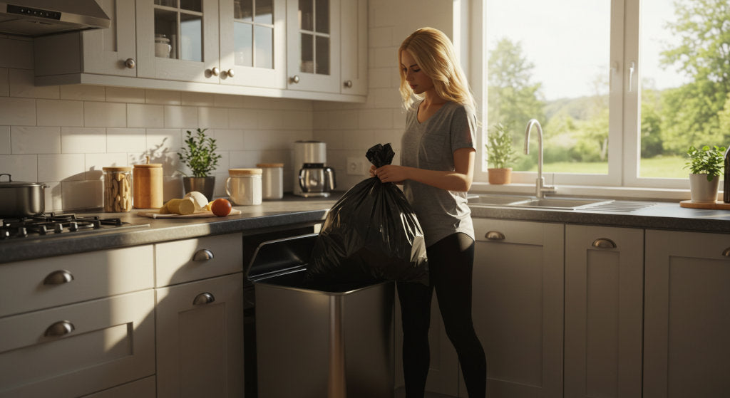 Removing kitchen trash to prevent odor buildup with odor control spray