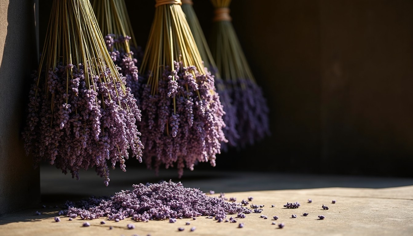 Bundles of harvested lavender hung to dry and faded to dusty grey-green, with loose buds below