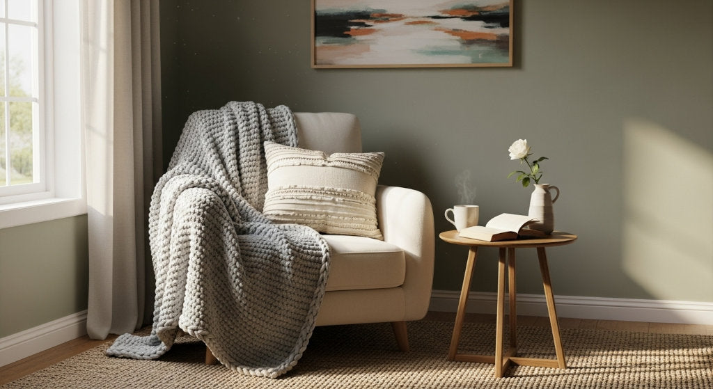 A cozy living room that embodies emotional calm and mindful reflection through refined fragrance. Gentle notes of amber, vanilla, and citrus from a cold air diffuser create a soothing holiday home atmosphere perfect for gratitude and rest.