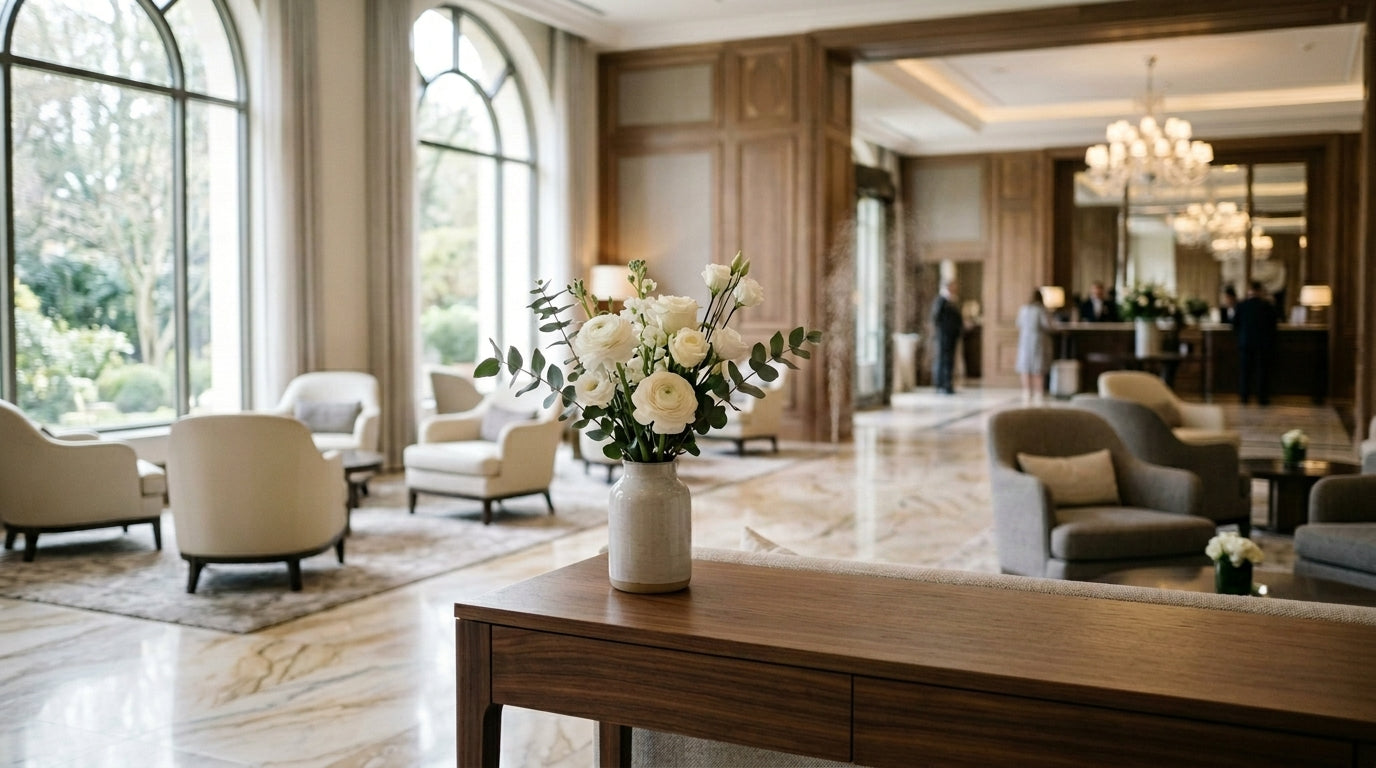Elegant hotel lobby with a signature scent diffusing in soft morning light