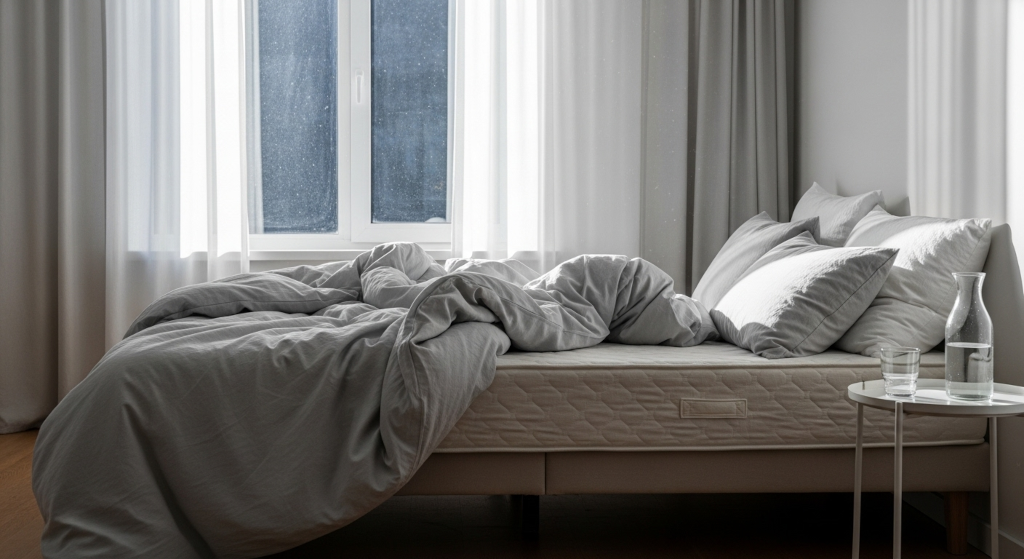 A clean bedroom with an exposed mattress representing fresh airflow and odor control routines that help remove deep fabric odors and restore long term freshness.