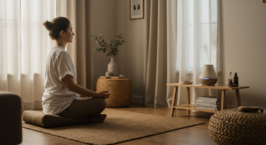 This serene home meditation setup highlights the role of intentional scenting in mental clarity.