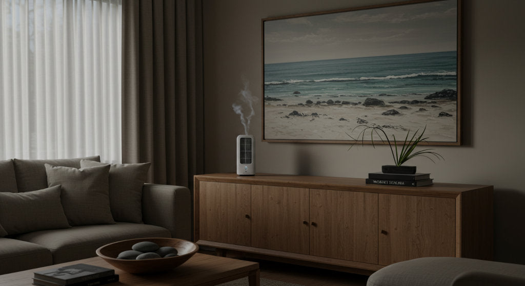 The cold air diffuser in open living spaces, featuring ambient fragrance, soft textures, and minimalist styling, reflects the elegance of aquatic-inspired diffuser oils like Midnight Pearl.