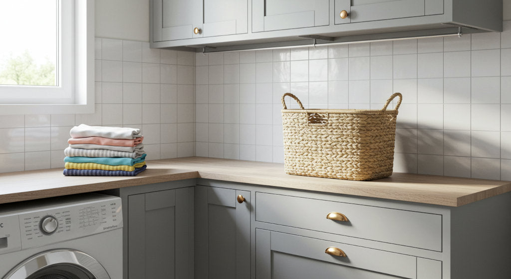 Minimalist laundry space featuring gentle, fabric-safe scent elements that create a fresh and balanced environment through refined home fragrance design.