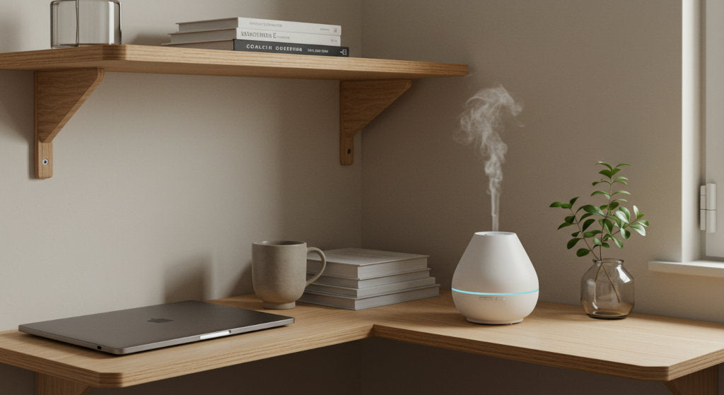 A compact office corner styled with shelves, books, and a plant features a sleek cold air diffuser that enriches the space with citrus, herbal, and wood oils.
