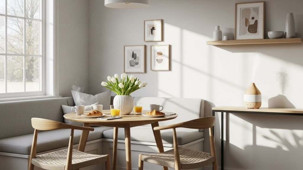 A modern breakfast nook concept using citrus peel and soft floral fragrance oils. Cold air diffusion keeps the aroma light, clean, and elevated, building the polished morning environment associated with expensive smelling spaces.