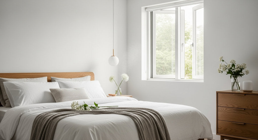 A bright, tranquil bedroom interior showing the freshness and balance that follow gentle overnight fragrance diffusion, symbolizing harmony and morning serenity.
