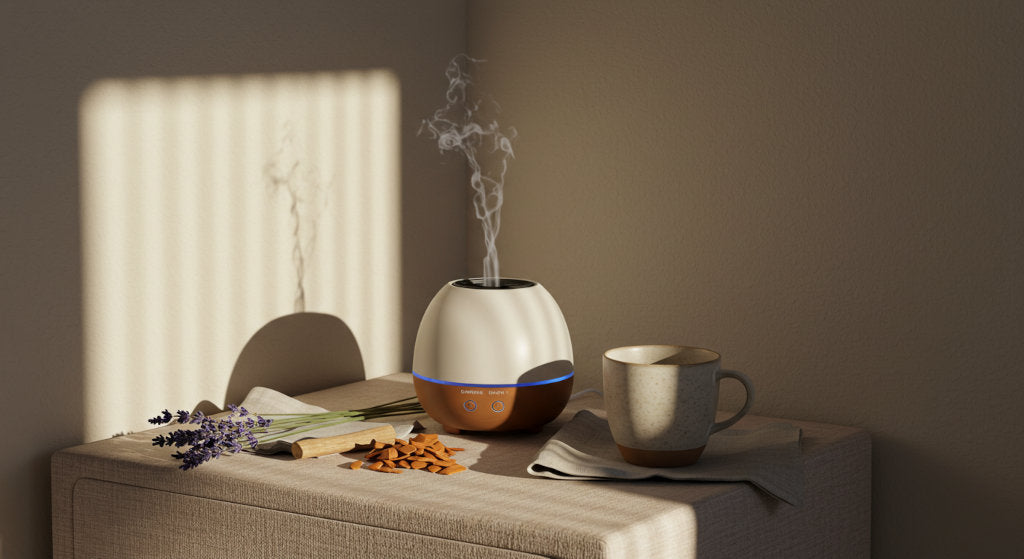 A morning ritual scene styled with calming elements like lavender, sandalwood, and soft natural light to reflect the mood-shifting power of fragrance.