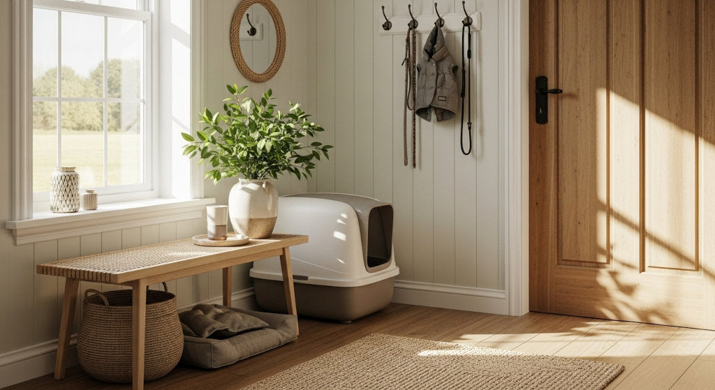 A clean and simple mudroom layout with a covered litter box and soft natural light, creating a fresh and odor-free atmosphere without artificial scents.