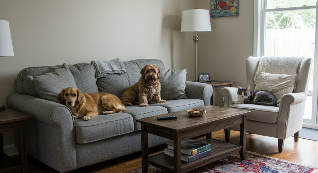 A bright living room with dogs and a cat, showing how odor neutralizing sprays and simple routines keep multi-pet households odor-free and inviting.
