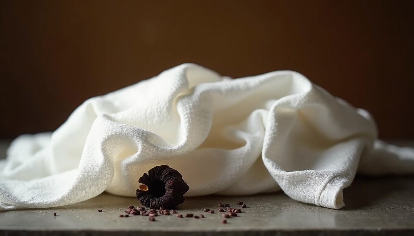 Folded white laundered linen with a single split ambrette seed pod and scattered seeds