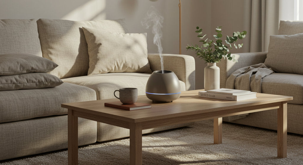 With linen throws, natural wood accents, and rosemary nearby, the image reflects intentional home scenting, room fragrance layering, and ambient calm—capturing the atmosphere of mindful living.