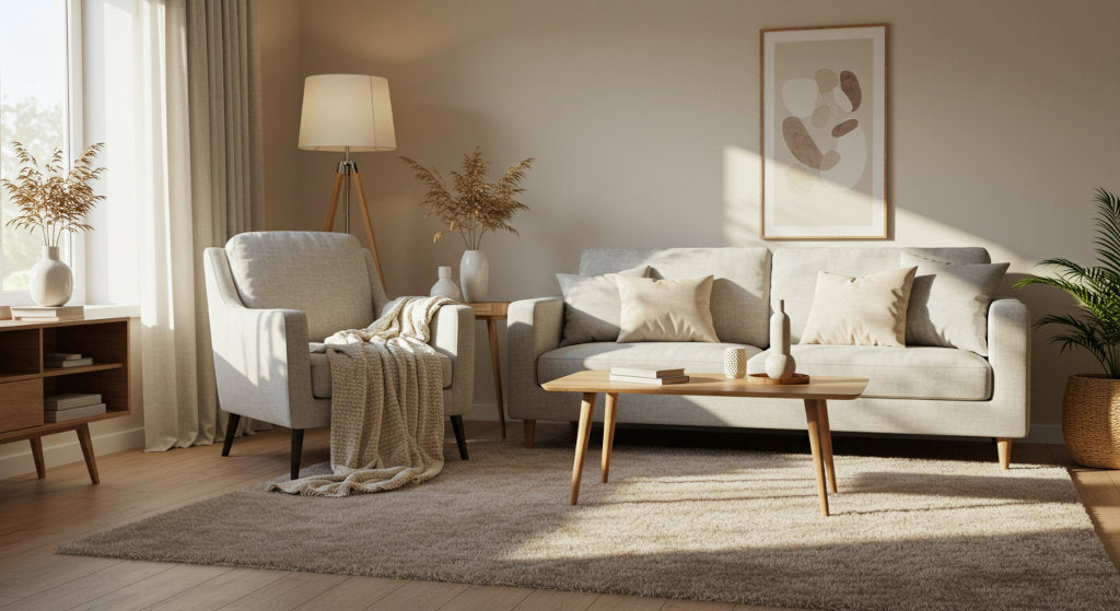 Neutral-toned living room styled for seasonal fragrance layering with soft throws and natural light