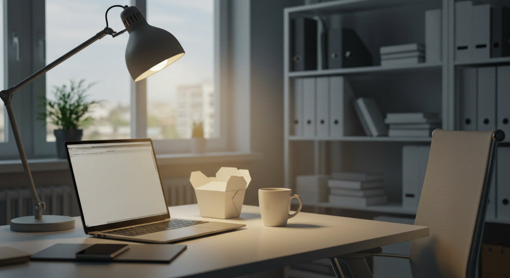 A clean home office with desk, laptop, and food container, demonstrating how odor neutralizing sprays eliminate lingering takeout smells and restore freshness.