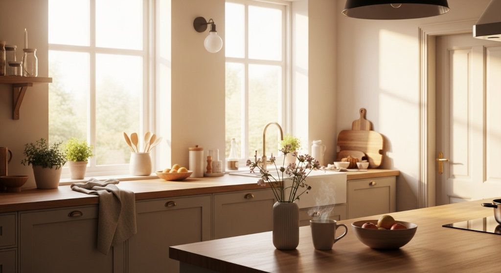 A wide kitchen interior bathed in soft morning light, reflecting the warmth, serenity, and subtle fragrance that define November’s cozy home scent.