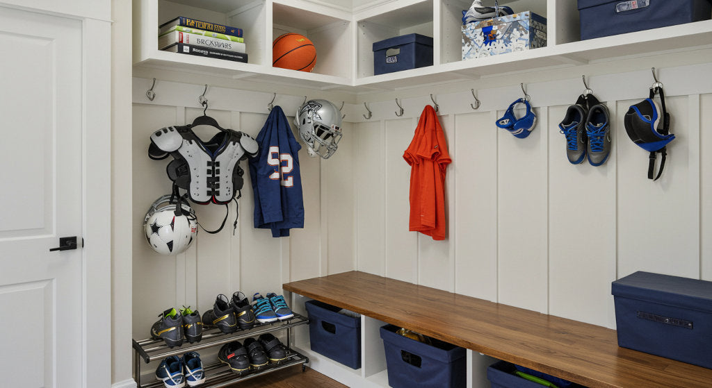 A tidy home storage area with sports gear neatly arranged, showing how odor neutralizing sprays and routines prevent bacteria and sweat odors from building.