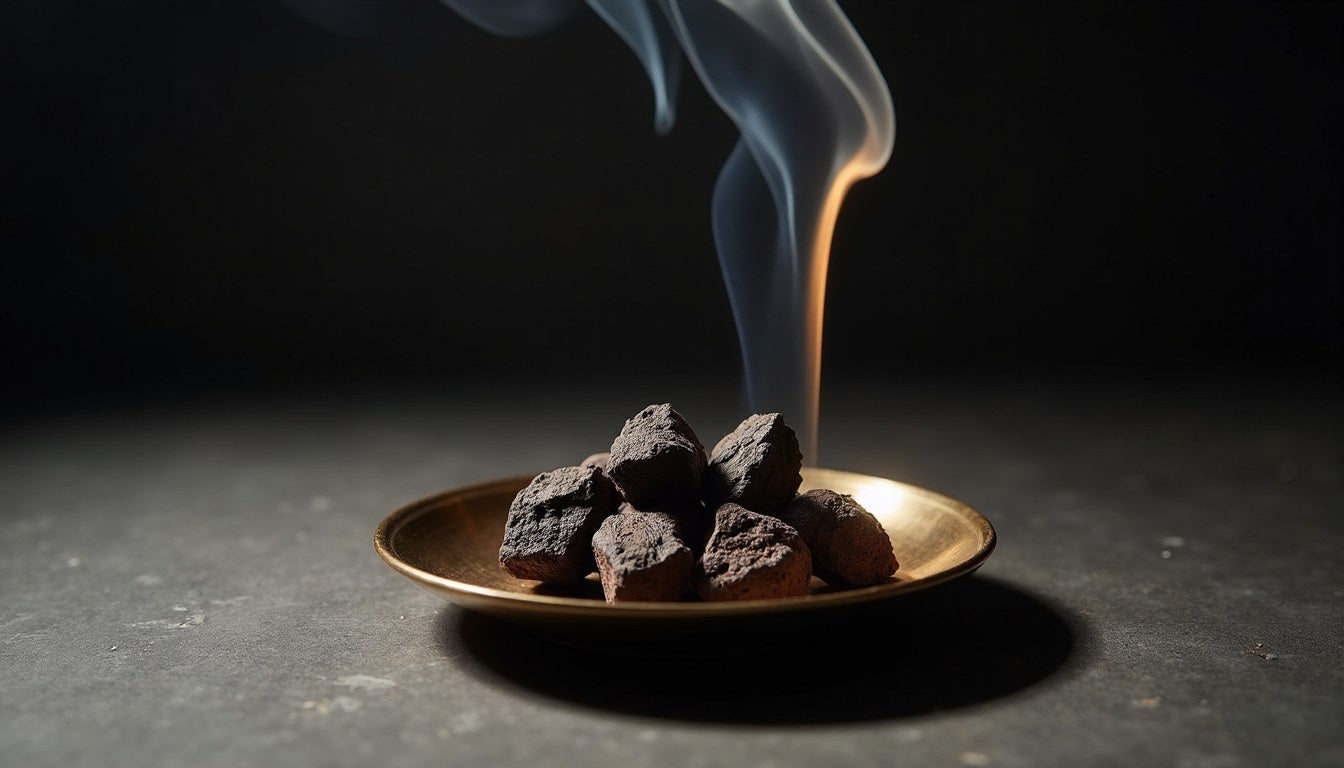 Resinous agarwood chips on a brass plate with a thin ribbon of smoke rising