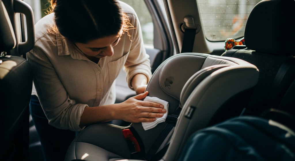parent using odor neutralizing spray on car seat to remove smell from spill or pet accident