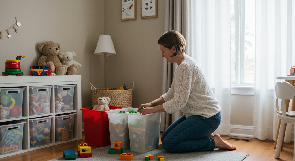 A parent tidying toys in a kid’s room with open windows and fresh air, demonstrating odor neutralization, airflow, and simple routines for a comfortable environment.