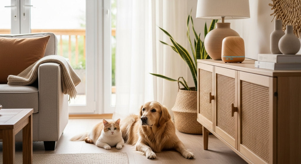 elegant pet friendly living room with elevated diffuser representing safe home fragrance and balanced scenting