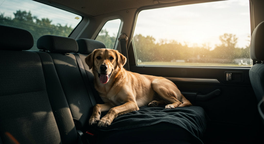 A pet resting calmly in a clean, odor-free car interior, highlighting post-trip freshness achieved through odor-neutralizing spray use.