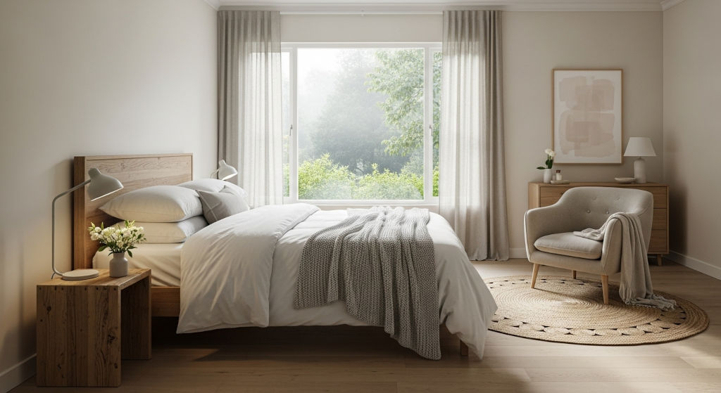 A quiet bedroom setting that conveys clean indoor air, refreshed fabrics, and winter comfort supported by safe odor-neutralizing routines and balanced airflow.