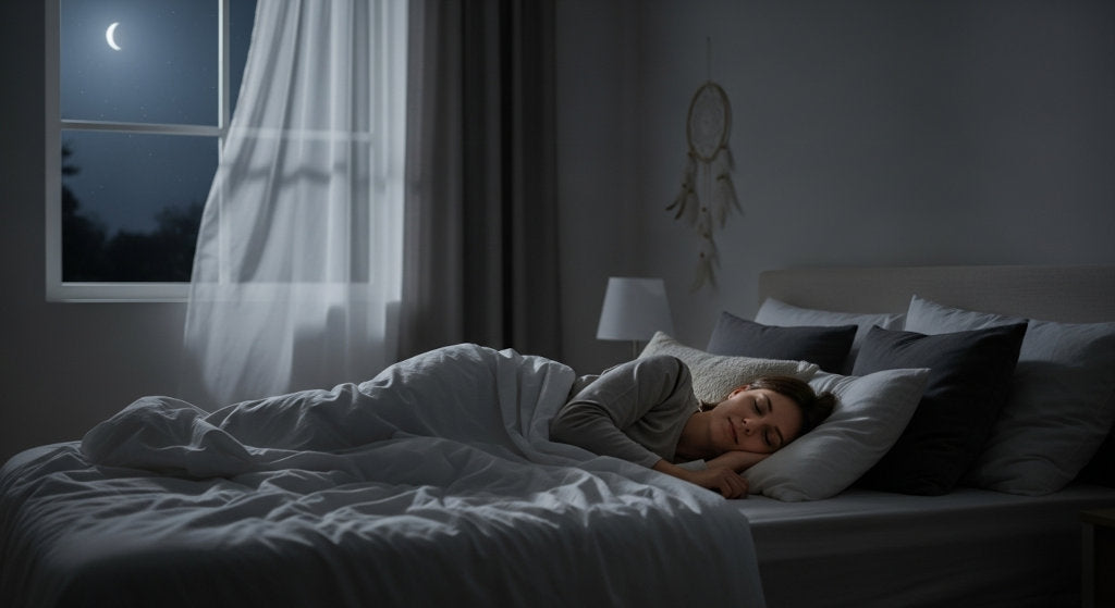 A tranquil sleeping environment representing how safe, non-toxic odor neutralization supports deeper sleep and improved indoor air quality.