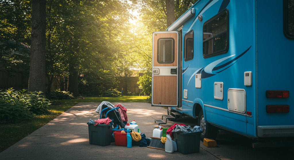 Parked RV with open doors and windows, showing how odor-neutralizing sprays and ventilation restore freshness after seasonal storage.