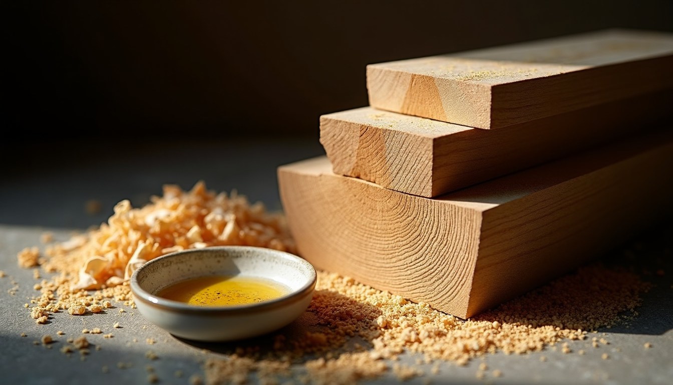 Sawn sandalwood heartwood showing close end grain, with wood shavings and a small dish of pale distilled oil