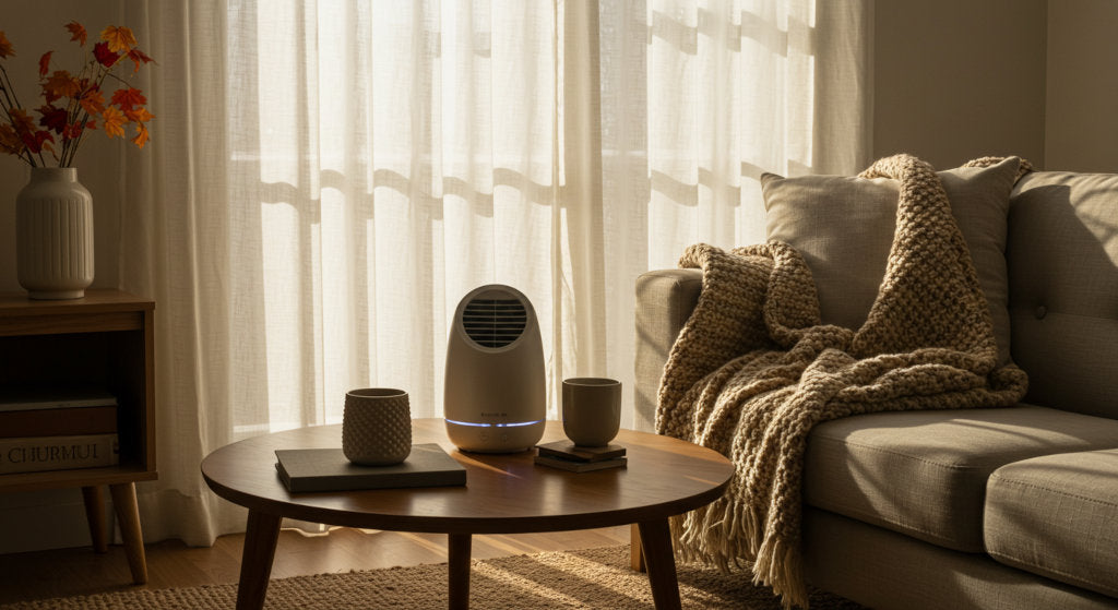 A seasonal fragrance scene in a living room with citrus, herbs, and soft light, symbolizing the shift from summer brightness to autumn warmth using cold air diffusion.
