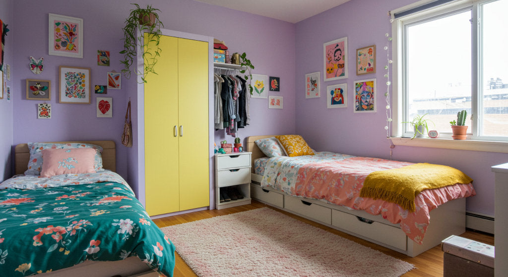 Cozy shared bedroom with fresh bedding, organized closet, and visible cleaning activity, using odor neutralizing sprays and airflow to control scents in high-traffic spaces.