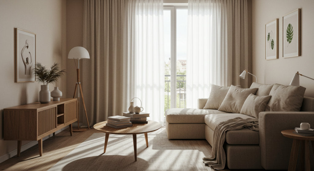 A studio apartment styled for cold air diffusion, reflecting subtle fragrance oils for balance, clarity, and comfort in small space living.