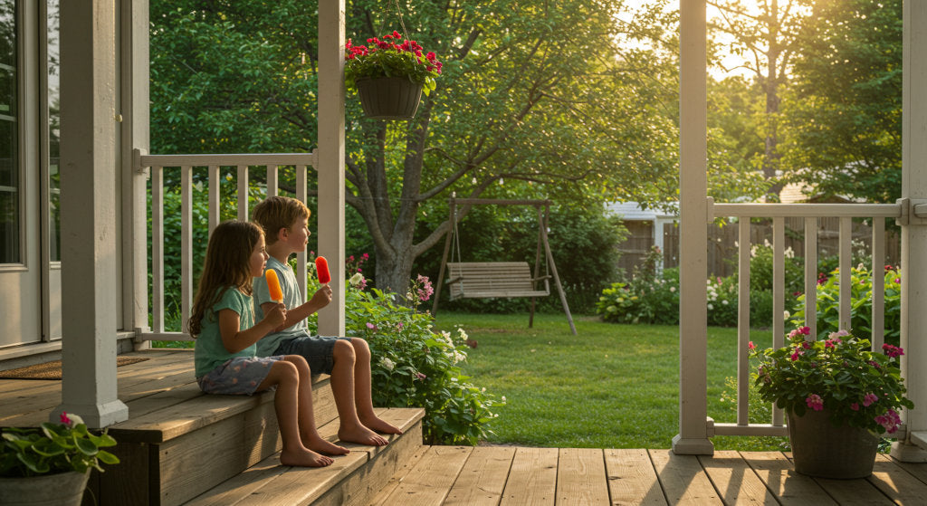 This wide-shot image of siblings enjoying a quiet summer afternoon on a breezy porch evokes the scent of the essence of seasonal calm. 