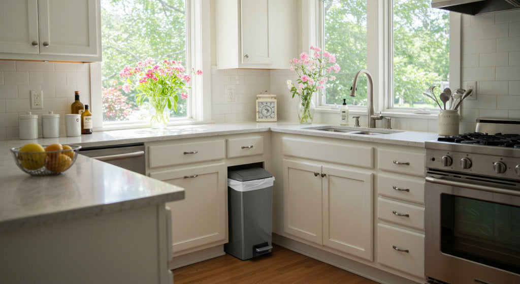 A summer kitchen with open windows and a clean trash bin, showing how odor neutralizing sprays and fresh air circulation stop odors before they spread indoors.