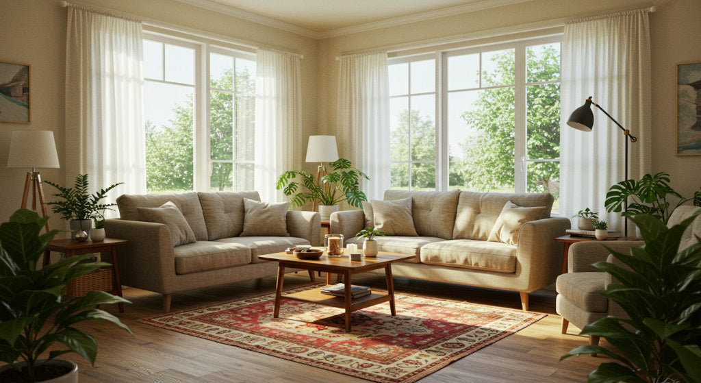 Bright living room with open windows and plants, showcasing summer odor control with natural airflow and neutralizing spray strategies.