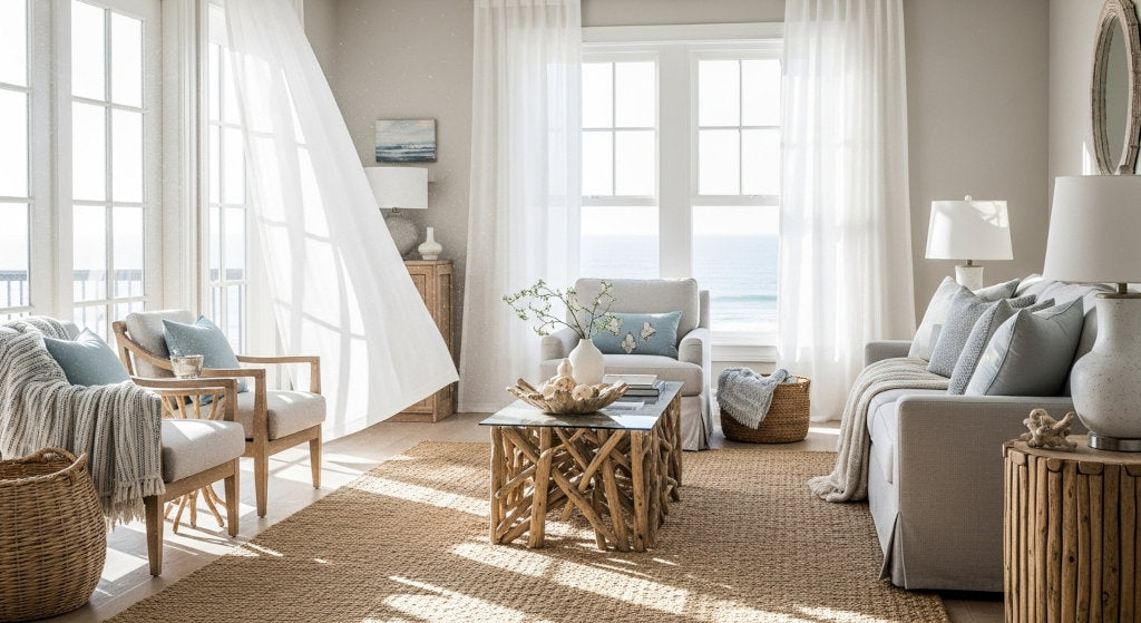 A bright, sunlit coastal interior represents the purity and flow of clean diffusion. This visual expresses the serenity and balance that the Beach House fragrance brings to modern living spaces.