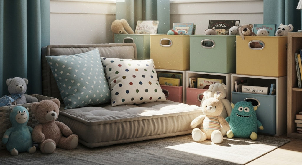 This fresh play corner reflects the power of odor elimination with non-toxic sprays designed to neutralize smells trapped in toys and fabric bins without heavy fragrance.