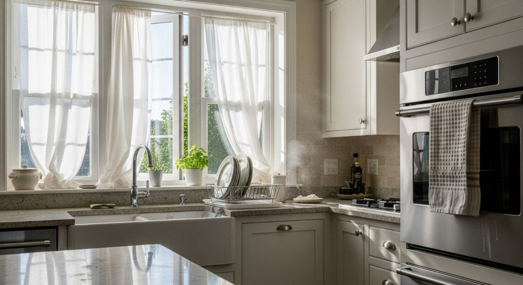 This fresh kitchen scene illustrates the use of ventilation and odor-neutralizing spray to remove lingering smoke odors from burnt food and cooking mishaps.